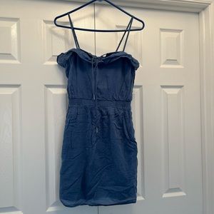 Blue NWT lightweight summer dress with ruffle neckline, elastic waist